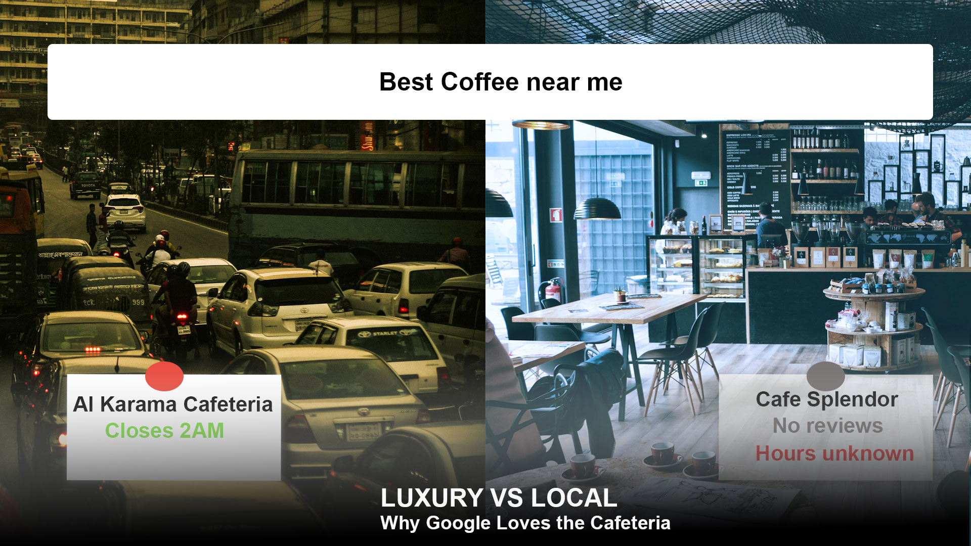 Split screen comparison of a luxury cafe in Jumeirah versus a busy local cafeteria in Karama with Google Maps search overlay.
